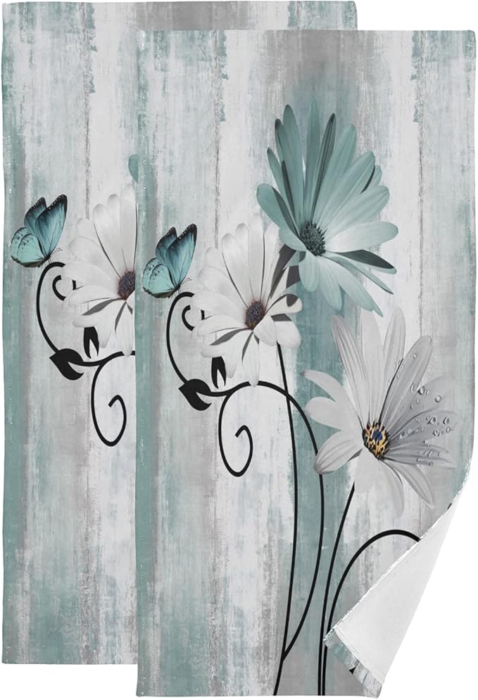 Hand Towels for Bathroom Set of 2 Farm Teal White Daisy Floral Flowers Butterfly on Country Wooden Soft Absorbent Small Bath Towels Decorative Kitchen Guest Dish Towel for Spa,Hotel 28x14in