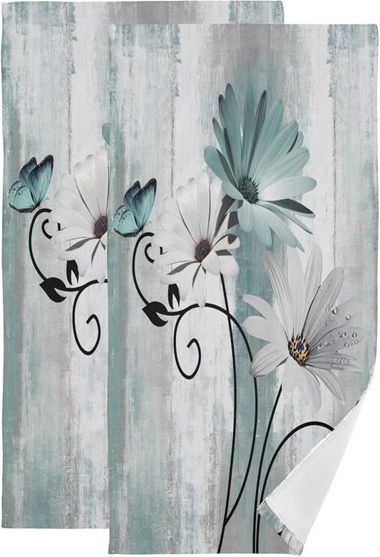 Hand Towels for Bathroom Set of 2 Farm Teal White Daisy Floral Flowers Butterfly on Country Wooden Soft Absorbent Small Bath Towels Decorative Kitchen Guest Dish Towel for Spa,Hotel 28x14in