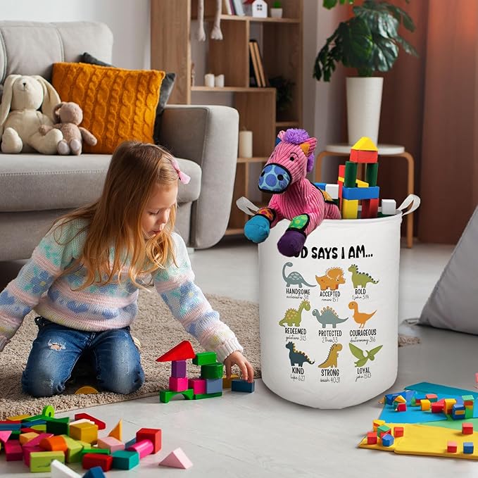 God Say I Am Dinosaur Nursery Laundry Basket, Toybox for Boys Room, Christian Laundry Basket Hamper Waterproof Collapsible Clothes Toys Storage Bin Organizer for Bedroom Bathroom Kids Room Dorm