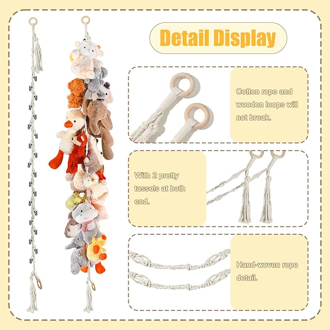 80" 2-Pack Cotton Hanging Storage Chain For Stuffed Animals Storage with LED Light, Stuffed Animal Organizer Chain for Wall Corner Nursery Play Room, White