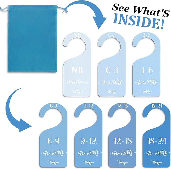 Whaline 7Pcs Blue Wood Baby Closet Size Dividers with Velvet Bag Newborn to 24 Month Thicken Infant Wardrobe Hanger Organizers for Home Nursery Party Favors Supplies