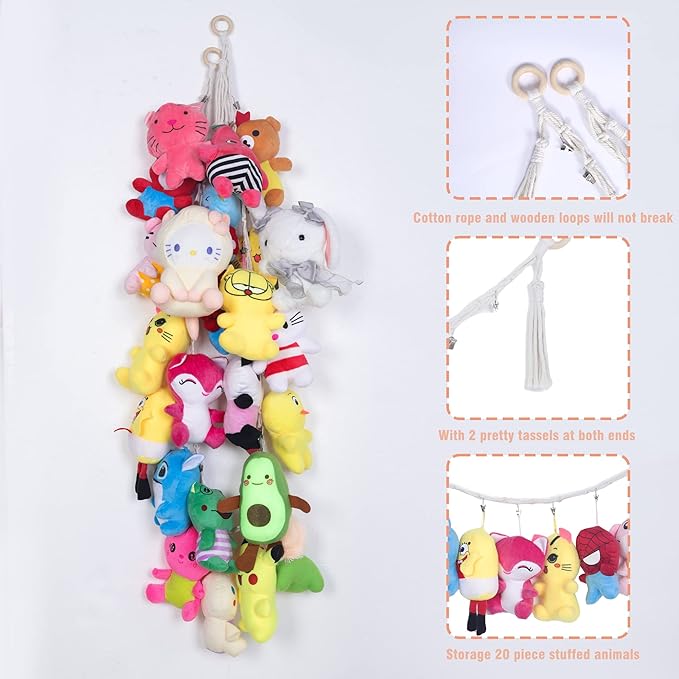 2PCS Stuffed Animals Storage Chain Organizers 80" Cotton Hanging Storage Chain with 40 Metal Clips Stuffed Animal Display Holder Chain for Wall or Corner Nursery Play Room