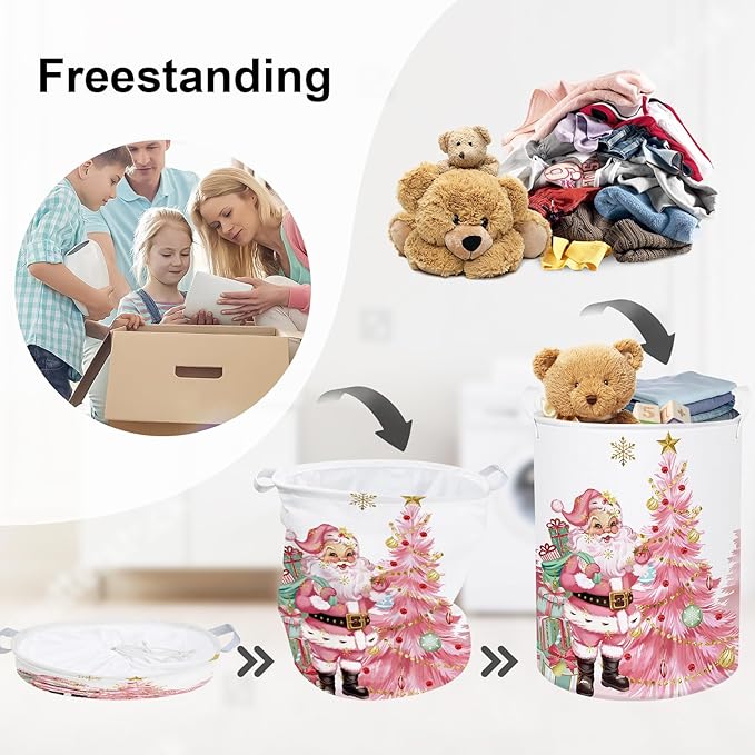 Pink Santa Claus Baby Laundry Hamper Christmas Clothes Kids Storage Basket Large Poinsettia Reindeer Sleigh Snowflake Girls Gift Toy Box Bin, Tree, 63L
