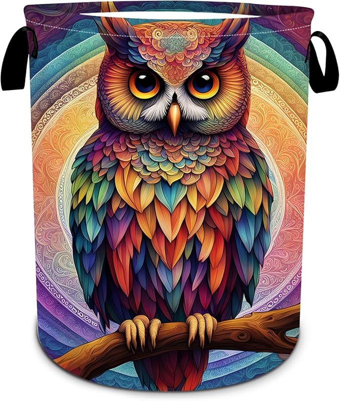 Owl Laundry Basket, Foldable Waterproof Oxford Cloth Mandala Laundry Hamper Funny Tote Bag Dirty Clothes Storage Bucket Toy Organizer for Bathroom/Laundry/Bedroom 15.7"x19.6"