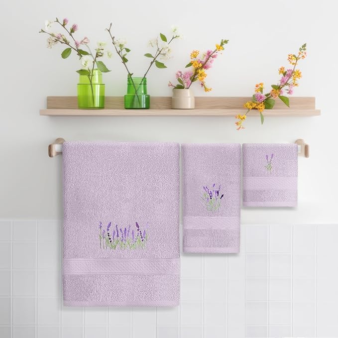 3 Pcs Lavender Floral Bathroom Towel Set Farmhouse Embroidered Lavender Floral Towels Vintage Decorative 100% Cotton Bath Towel Highly Absorbent Elegant Decor Set for Bathroom