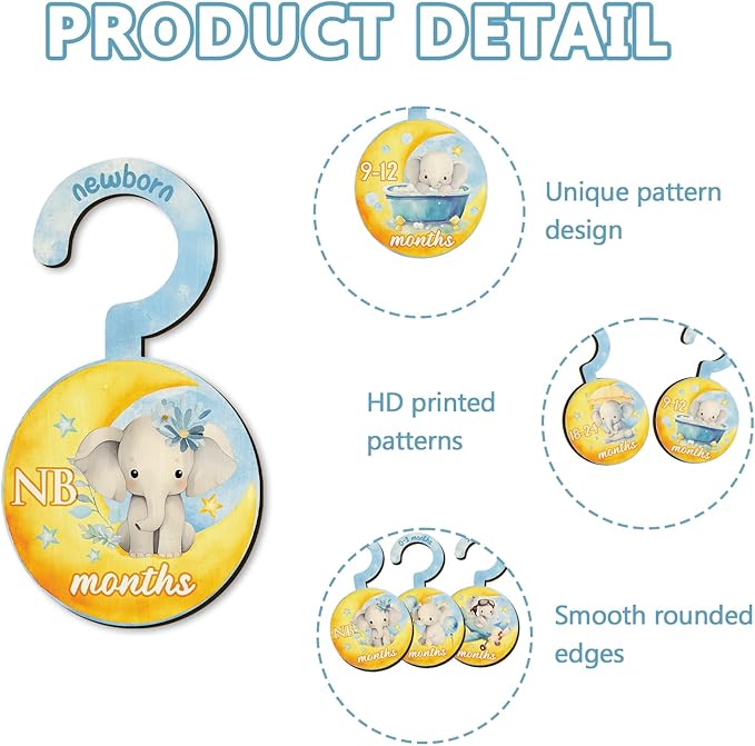 Baby Clothes Dividers for Closet - Set of 8 Wooden Baby Size Closet Dividers Newborn to 24 Months, Newborn Organizer for Boys & Girls - Adorable Moon Elephant Baby Nursery Decor Kit New Parents Gifts