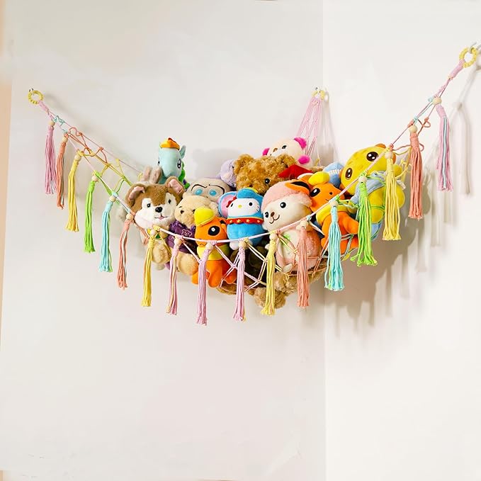 Stuffed Animals Hammock Corner Hanging Net with Wooden Beads Macrame Stuffed Animal Storage Ideas Plush Holder Toy Organizer for Boho Nursery Playroom Bedroom Kids Room Decor (Colorful, X-Large)
