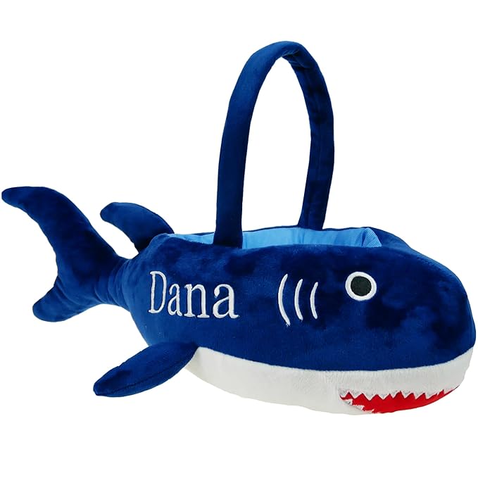 DearSun Exquisite Embroidery 3D Plush Shark Basket - Personalized Easter Egg Hunting Basket - Blue, Round, Velvet