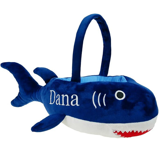 DearSun Exquisite Embroidery 3D Plush Shark Basket - Personalized Easter Egg Hunting Basket - Blue, Round, Velvet