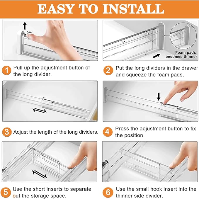 Acrylic Drawer Dividers for Clothes, Adjustable 11–20 Inch Expandable Deep Dresser Drawer Dividers, Clear Drawer Separators for Baby Clothes, Underwear, Kitchen, Office & Home Storage