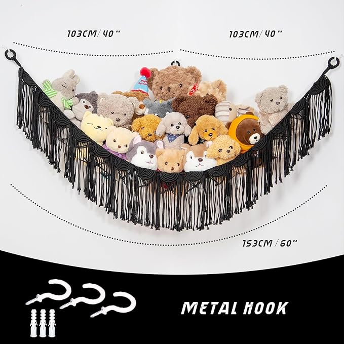 Stuffed Animal Hammock Corner Hanging Net for Toy Organizer Playroom Stuffed Animal Toy Hammock Macraem Toy Display Plush Toy Holder for Bedroom (Black)