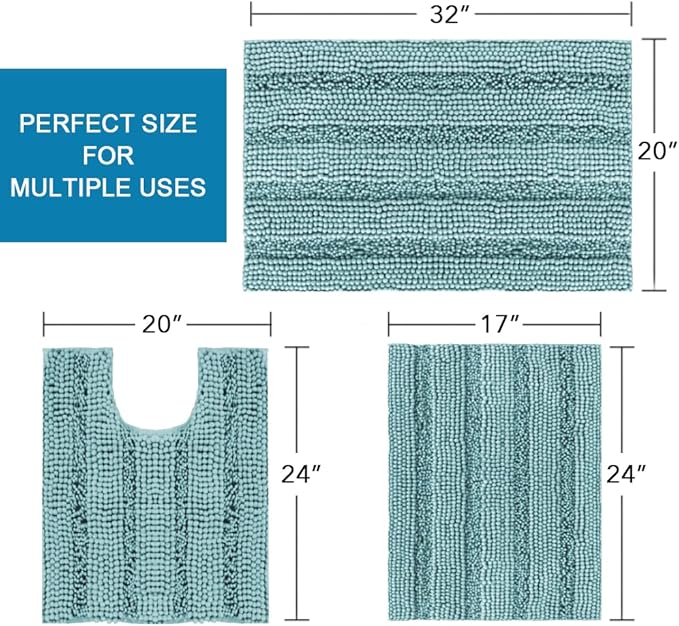 H.VERSAILTEX 3 Piece Bathroom Rugs Sets Thick Striped Bath Rugs Set for Bathroom Non Slip Soft Absorbent Bath Mat Set for Tub, Shower and Toilet(17''x24''+20''x32''+20''x24'' U-Shaped, Aqua Haze)
