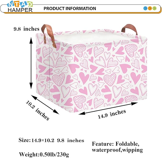 Rectangular Pink Basket Empty, Fabric Storage Basket with Handles, Books Box,Lovely Storage Bin,Room Decor,Gift Basket for Girls(Pink Heart)