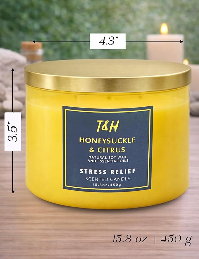 Honeysuckle Citrus 3 Wick Candle for Home Scented | 15.8 oz Large Soy Candle | Lemon Citrus Floral Scented Candle Strong | Aromatherapy Stress Relief Relaxation Candles | Gift for Women & Men