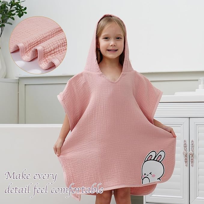 Hooded Towel for Kids 100% Cotton Bath Towel Toddler Beach Essentials with Animal Design 2-6Years (Pink, Small)