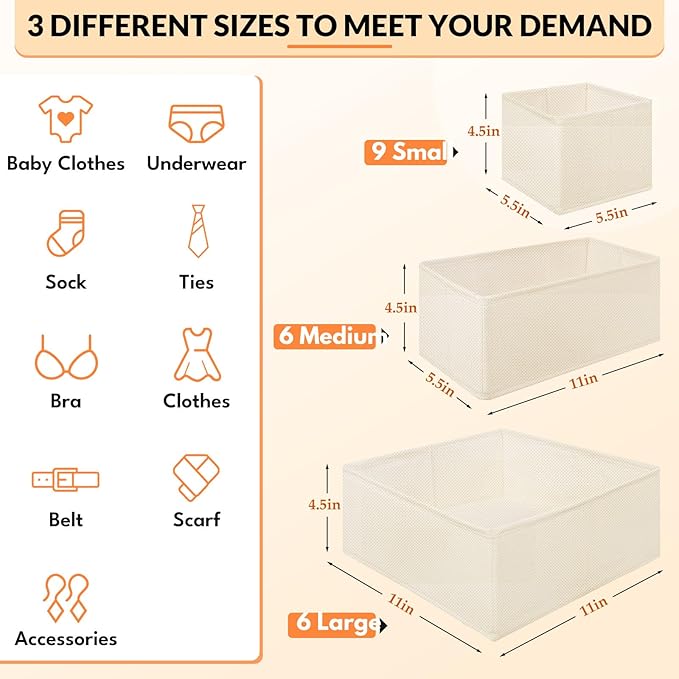 Drawer Organizer Clothes, 21 Pack Dresser Organizer for Baby Clothes, Underwear, Socks, 3 Sizes Foldable Closet Organization and Storage Bins for Nursery, Bedroom (Light Beige)
