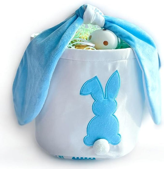Easter Bunny Basket Bags, Rabbit Bucket Tote for Easter Egg Hunts Decorations Candy Gifts Storage (Pink, Blue, Polka Dots) (Blue)