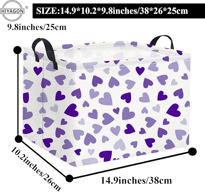 HIYAGON Rectangular Valentines Basket Fabric Storage Bin Storage Boxes Collapsible Storage Basket for Clothes Books Shelves Basket(Light Purple Heart)