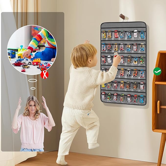 Toy Cars Wheels Storage Holder Matchbox Cars Organizer Dual Sided Hanging Toy Cars Display Case with 84 Clear Pockets (Dual Sides-Grey)