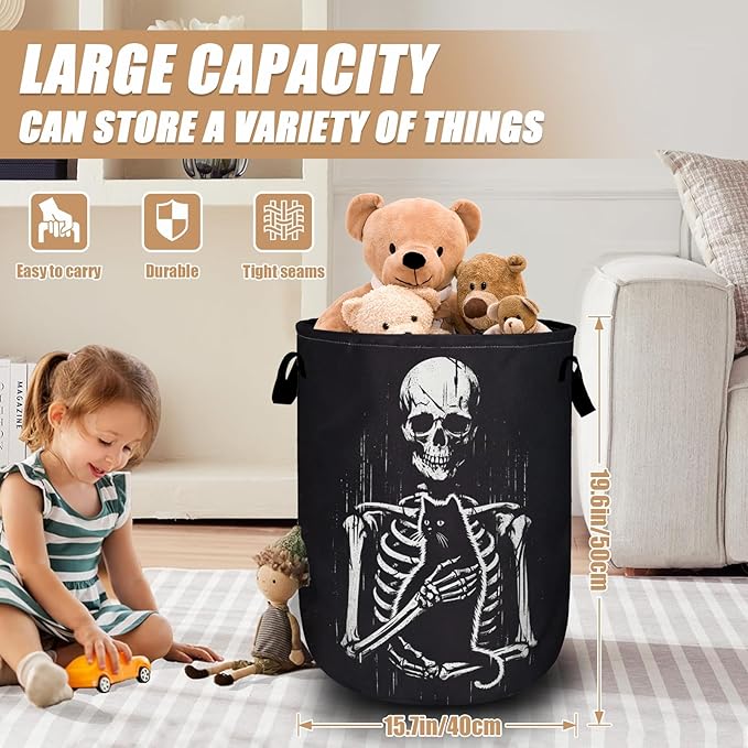 Funny Skull Black Cat Laundry Basket, Foldable Waterproof Laundry Hamper Tote Bag Dirty Clothes Storage Bucket Toy Organizer for Bathroom/Laundry/Bedroom 15.7"x19.6"