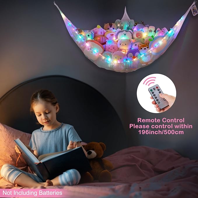 Basumee Stuffed Animals Net or Hammock with LED Light Hanging Toy Net Hammock for Stuffed Animals Storage Stuff Animals Hammocks for Nursery Room with Remote Control, 8 Kinds of Lights(Pack of 1)