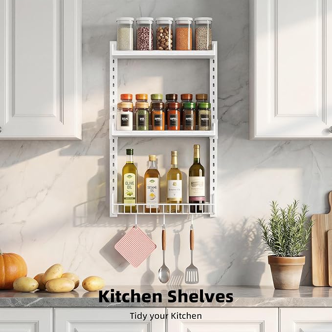 3 Tier Bathroom Shelves Over Toilet - Wall Mounted Floating Shelves with Drain Basket, Toilet Paper Storage, Height Adjustable Over The Toilet Storage, Pure White