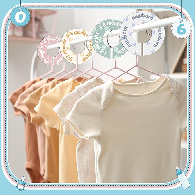 BreezeHug Baby Closet Dividers for Clothes 8 Pack Round Double-sided Size Markers from Newborn to 24+ Months Nursery Closet Organizer Decor Cute Hanger Dividers Fits Most Rods