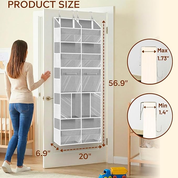 Over the Door Organizer 5 Tiers with Removable Drawers, Extra Large Door Storage of 6 Compartments & 2 Diaper Storage, Double-Column Clear Window Door Hanging Organizer for Nursery,Closet,Pantry(Gray)