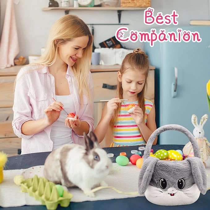 Easter Basket for Kids, Gray, Plush, Round, Cute Modern Rabbit-Shaped with Handle, Perfect for Easter Egg Hunting, Storage, and Decoration