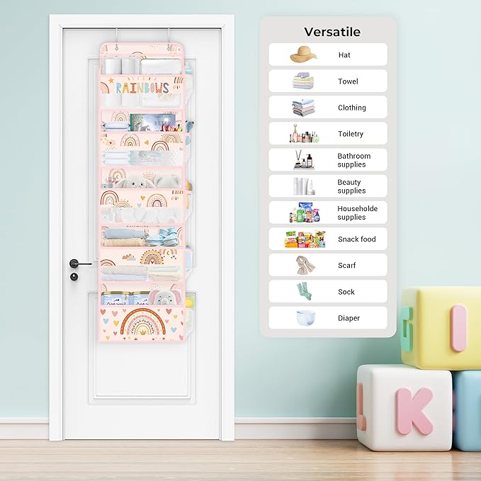 Clastyle Boho Rainbow Baby Clothes Diaper Over The Door Organizer Kid Pink Cloud Toy Stuffed Animal Nursery Hanging Storage Organizer Closet Door Hanging Shelf Storage for Bedroom Bathroom Pantry