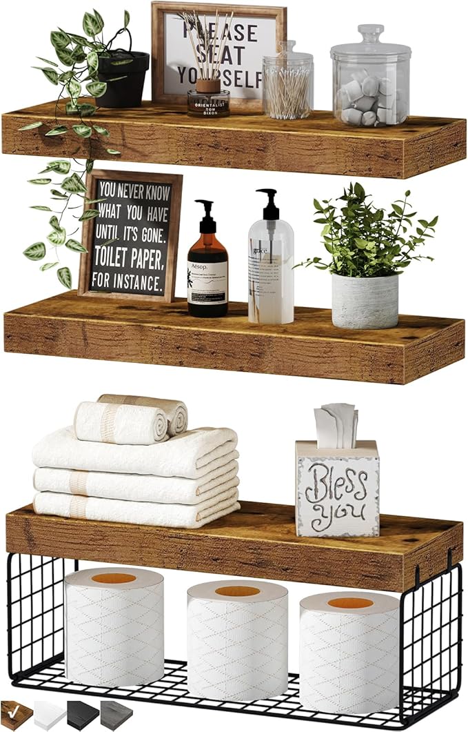 QEEIG Bathroom Shelves Over Toilet - Wall Mounted Floating Shelves Toilet Paper Storage Small Farmhouse Decor Shelf 16 inch Set of 3, Rustic Brown (019-BN3)