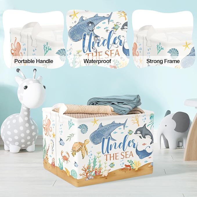 Clastyle Fish Sea Turtle Baby Basket Ocean Coral Seaweed Starfish Toy Book Shelf Basket Waterproof Pool Toy Beach Towel Storage Bin Large Dirty Clothes Laundry Hamper, Crab, 40 * 30 * 30 cm