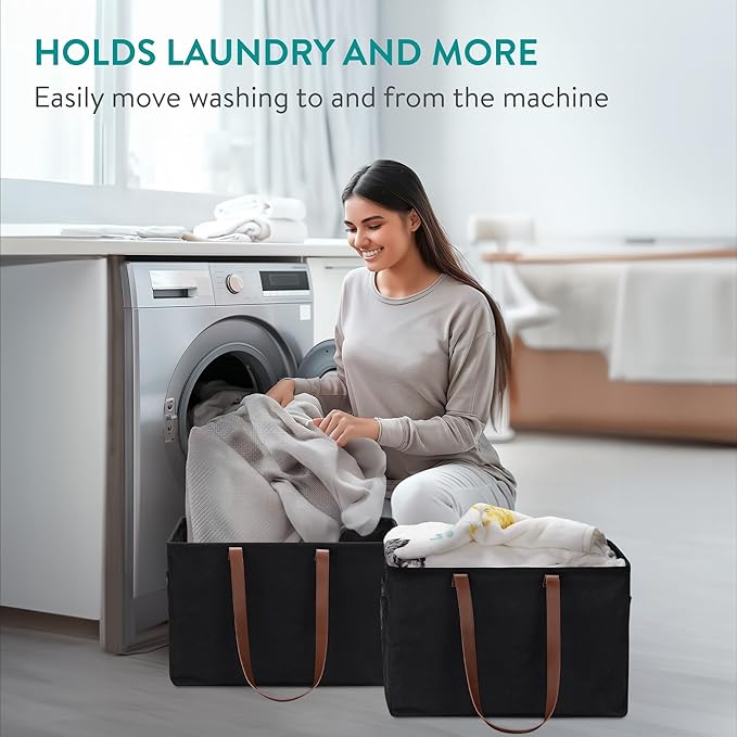 Navaris Collapsible Laundry Bin - Set of 2 - Foldable Clothes Basket - Small Slim Wash Bin - Double Hamper for Lights and Darks - Washing Up Bag Bins - Black