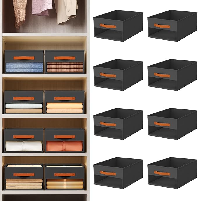 Closet Organizers and Storage - 8 Pack Storage Bins Baskets for Organization Foldable Closet Organizer with Clear Window & Handles for Clothes, Toys, Towels, Small Essentials (Black)