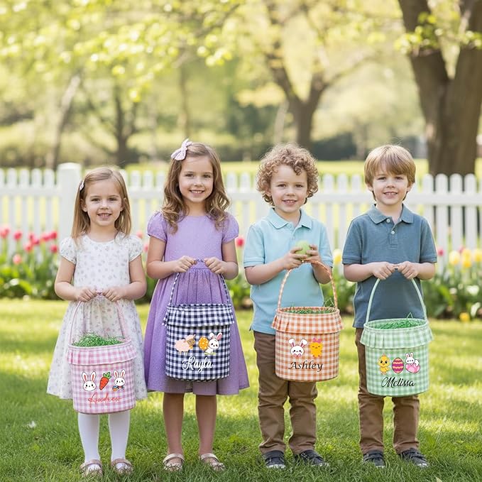 Personalized Easter Baskets for Kids Bunny Bucket Egg Basket Gingham Candy with Handle Tote Bucket Reusable Goody Baskets for Kids Gifts Bags