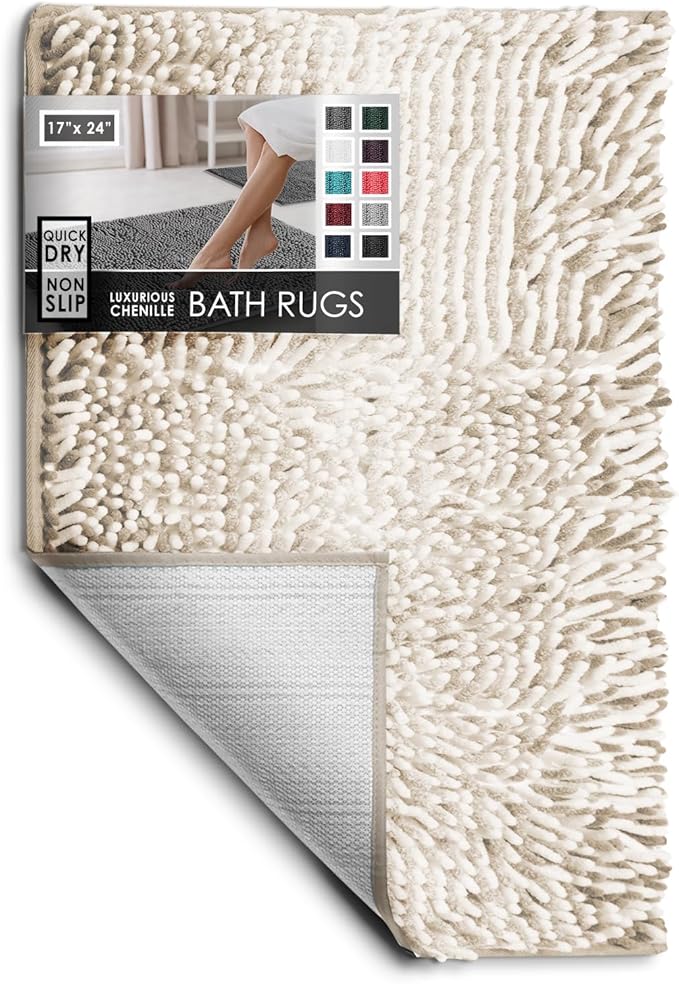 Hearth & Harbor Bathroom Rugs, Chenille Bath Mat - Machine Washable Bath Mats for Bathroom Non-Slip Backing Rubber, Quick Dry Bathroom Mat, 17 x 24 - Ombre Beige