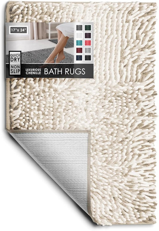 Hearth & Harbor Bathroom Rugs, Chenille Bath Mat - Machine Washable Bath Mats for Bathroom Non-Slip Backing Rubber, Quick Dry Bathroom Mat, 17 x 24 - Ombre Beige