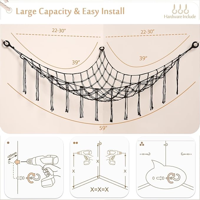 Stuffed Animals Hammock Corner Hanging Net with Tassel Macrame Stuffed Animal Storage Plush Toy Holder Toy Organizer for Boho Nursery Playroom Bedroom Kids Room Decor (black, Large)