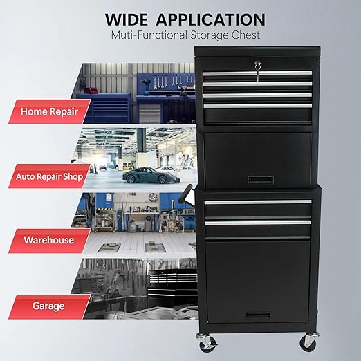 Rolling Tool Chest, Garage Tool Box, 6-Drawer and 2 Cabinets Lockable Tool Cabinet, 2 in 1 Detachable Tool Box Storage Organizer Suitable for Workshops, Warehouses, Repair Shops, Black