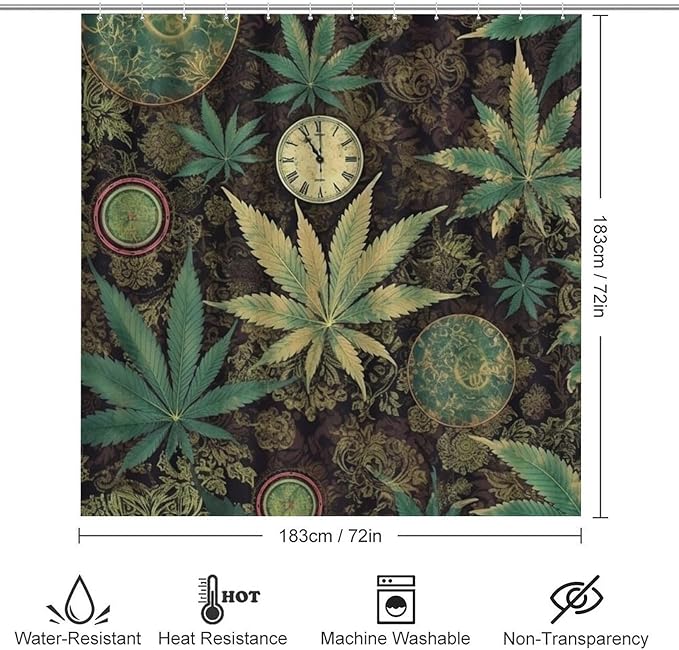 A Puff in Time Weed Marijuana 4 Piece Bathroom Set with Shower Curtain - Includes Bath Mat U-Shaped Mat Toilet Lid Cover and Waterproof Curtain Non-Slip Mat