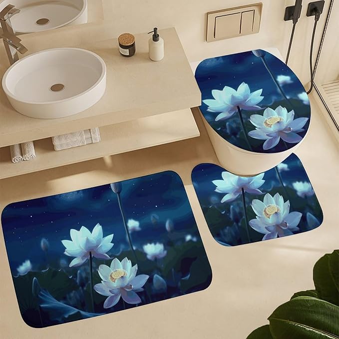 4 Piece Bathroom Rug Set with Shower Curtain, Non-Slip Bath Mat Toilet Cover Set, Night Flowers Bathroom Rug Sets