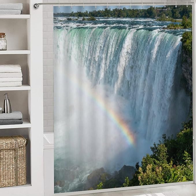 4 Piece Bathroom Rug Set with Shower Curtain, Non-Slip Bath Mat Toilet Cover Set, Niagara Falls Bathroom Rug Sets
