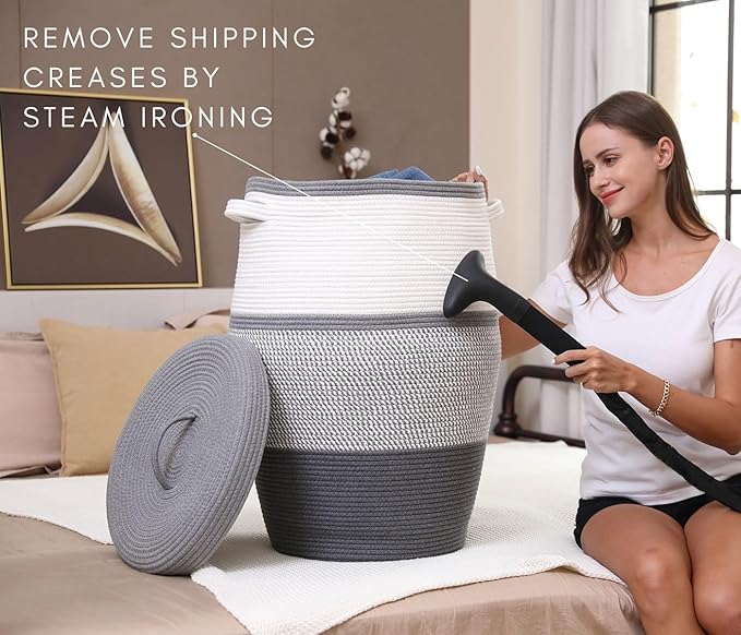 26"x20" Handcrafted Tall Cotton Rope Basket with Lid, Stylish Flagon Shape with Cover, Clothes Hamper with Top, for Bedroom and Living Room, White/Grey Mix/Dark Grey