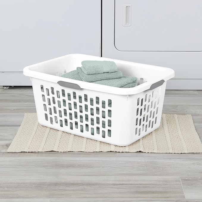 Large Plastic Laundry Basket with 4 Comfort Grip Handles, 2 Bushel Capacity, White