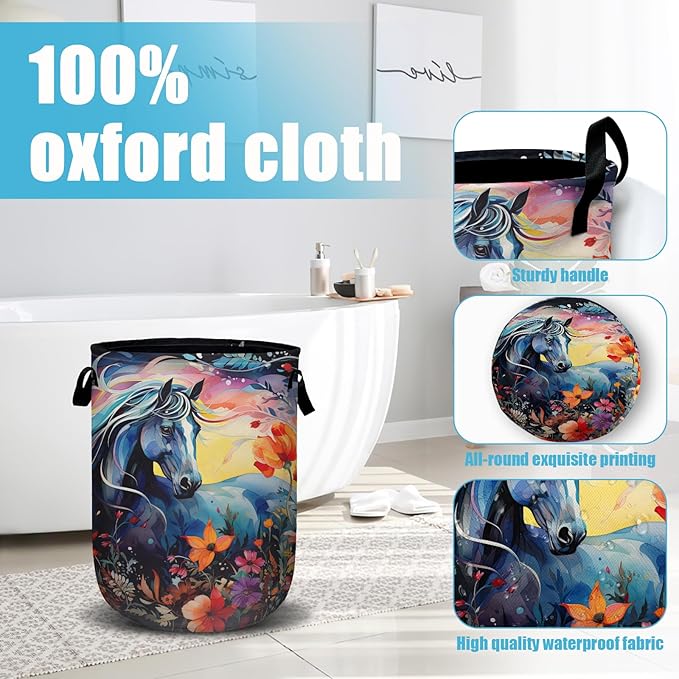 Colorful Horse Floral Laundry Basket, Laundry Hamper Collapsible Oxford Cloth with Handle Clothes Toy Storage Bin for Bathroom Laundry Room Bedroom 15.7 X 20 Inch