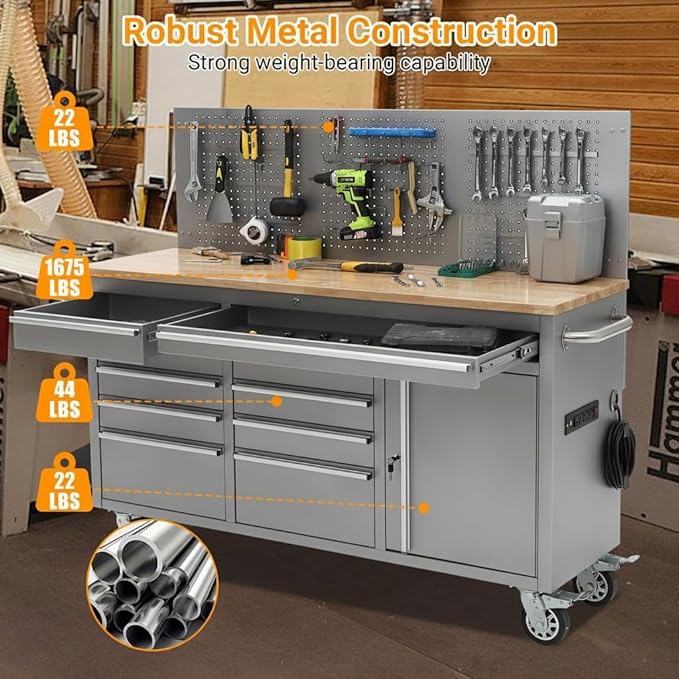 61" Rolling Tool Chest with 10 Drawers, Workbench Cabinet with Power Strip, Solid Rubber Wood Top, 1675 LBS Load, Mobile Heavy Duty Garage Storage, Locking Wheels