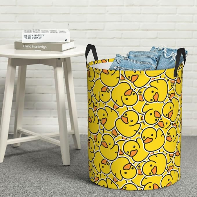 38L Round Laundry Hamper Cute Rubber Ducky Storage Basket Waterproof Coating Yellow Cartoon Ducks Organizer Bin For Nursery Clothes Toys