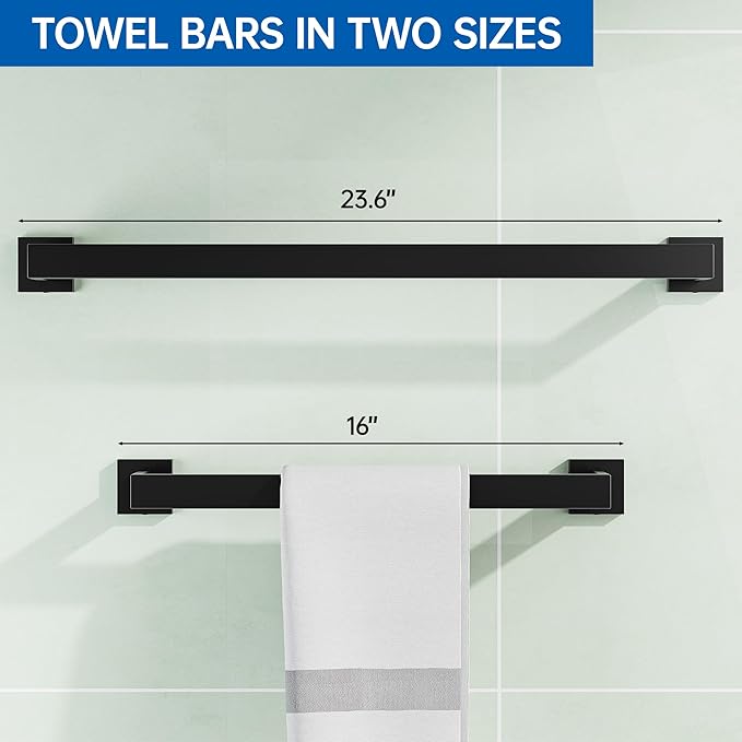 10-Pieces Bathroom Hardware Set, SUS304 Stainless Steel Wall Mounted 23.6 Inch Towel Bar, Toilet Paper Holder, Towel Hooks, Bathroom Towel Bar Set (Matte Black (Type 2), 10 Piece-23.6 inch)