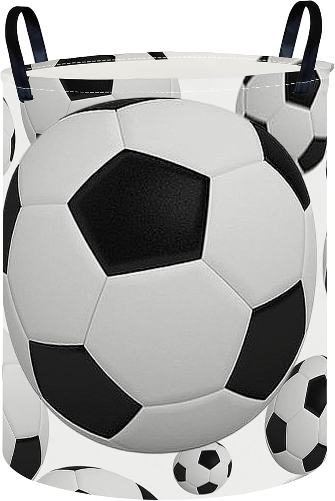 CLOCOR Round Collapsible Flat Storage Basket,Space-Saving Fabric Laundry Hamper for Clothes,Nursery Hamper,Gift Basket(Big Football)