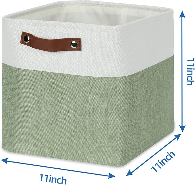 Temary Storage Baskets for Shelves 11 Inch Fabric Cube Storage Bins 4Pack Storage Cubes Fabric Storage Baskets for Organizing, Clothes, Decorative Cube Baskets with Handles (White&Green)
